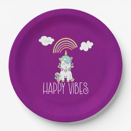 Happy Vibes Typography Awesome Rainbow  Unicorn Paper Plates