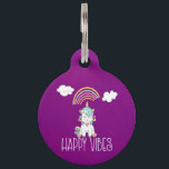 Happy Vibes Typography Awesome Rainbow & Unicorn Pet Name Tag<br><div class="desc">A tag with an adorable drawing of an awesome unicorn sitting on its butt peaceful and happy. Cute fluffy clouds and a colorful rainbow above. Text says: Happy Vibes. Awesome positivity. Set on a pinkish purple watercolor background.</div>