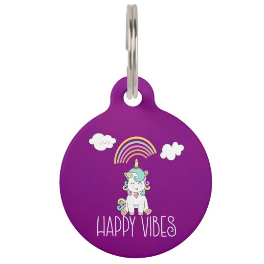 Happy Vibes Typography Awesome Rainbow Unicorn Pet Name Tag