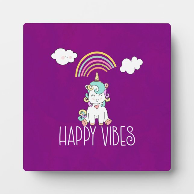 Happy Vibes Typography Awesome Rainbow & Unicorn Plaque (Front)