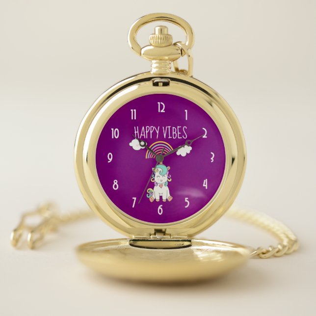 Happy Vibes Typography Awesome Rainbow & Unicorn Pocket Watch (Inside)