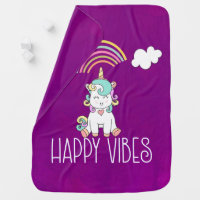 Happy Vibes Typography Awesome Rainbow & Unicorn Receiving Blanket