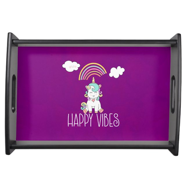 Happy Vibes Typography Awesome Rainbow & Unicorn Serving Tray (Front)