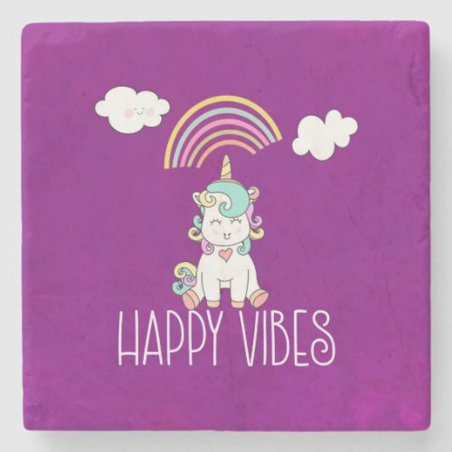 Happy Vibes Typography Awesome Rainbow  Unicorn Stone Coaster