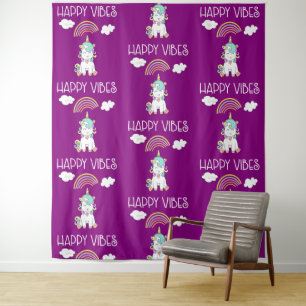 Happy Vibes Typography Awesome Rainbow & Unicorn Tapestry