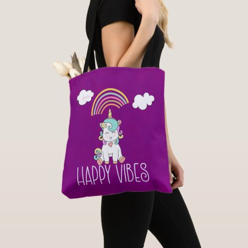 Happy Vibes Typography Awesome Rainbow  Unicorn Tote Bag