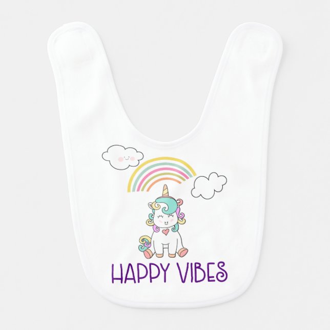 Happy Vibes Typography Cute Smiling Unicorn Baby Bib (Front)