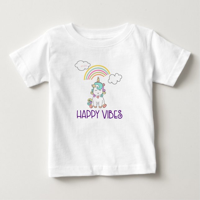Happy Vibes Typography Cute Smiling Unicorn Baby T-Shirt (Front)