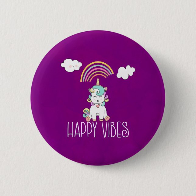 Happy Vibes Typography Cute Smiling Unicorn Button (Front)