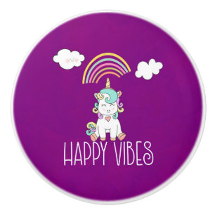 Happy Vibes Typography Cute Smiling Unicorn Ceramic Knob