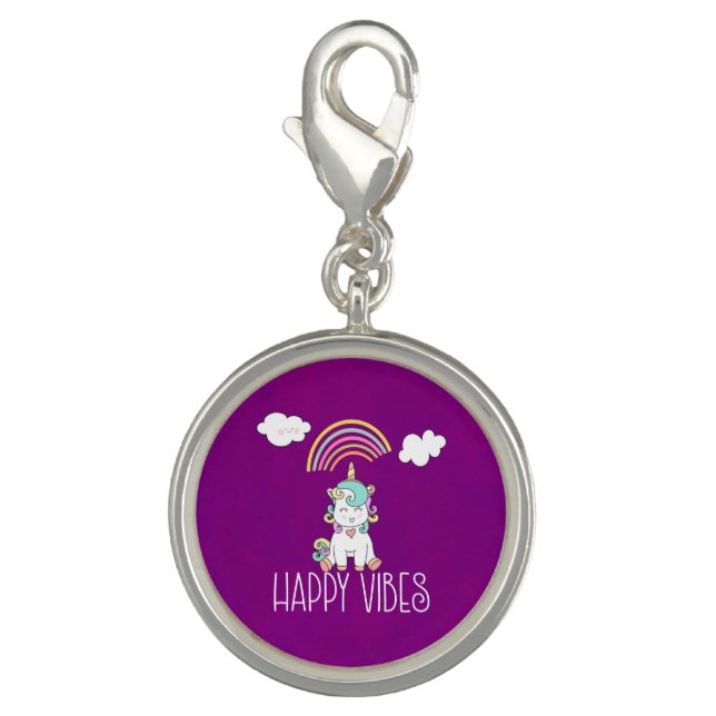 Happy Vibes Typography Cute Smiling Unicorn Charm (Front)