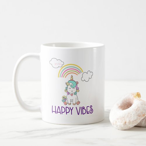 Happy Vibes Typography Cute Smiling Unicorn Coffee Mug