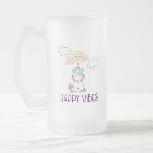 Happy Vibes Typography Cute Smiling Unicorn Frosted Glass Beer Mug