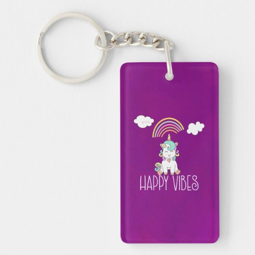 Happy Vibes Typography Cute Smiling Unicorn Keychain