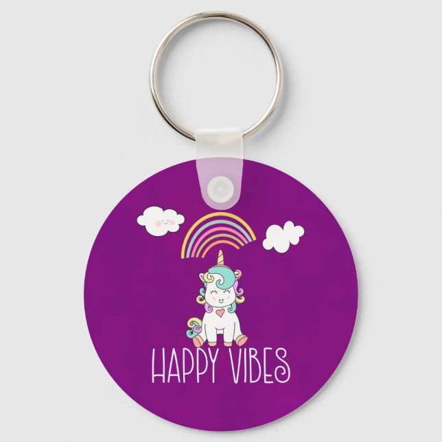Happy Vibes Typography Cute Smiling Unicorn Keychain (Front)