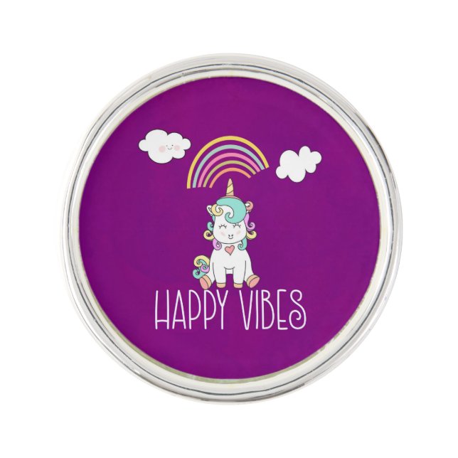 Happy Vibes Typography Cute Smiling Unicorn Lapel Pin (Front)