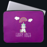 Happy Vibes Typography Cute Smiling Unicorn Laptop Sleeve<br><div class="desc">A laptop sleeve with a cute illustration of a white unicorn sitting on its rump smiling and looking happy. Smiling clouds and a rainbow overhead. Text says: Happy Vibes. Adorable uplifting image. With a pinkish purple watercolor background.</div>
