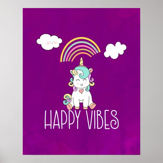 Happy Vibes Typography Cute Smiling Unicorn Poster (Front)