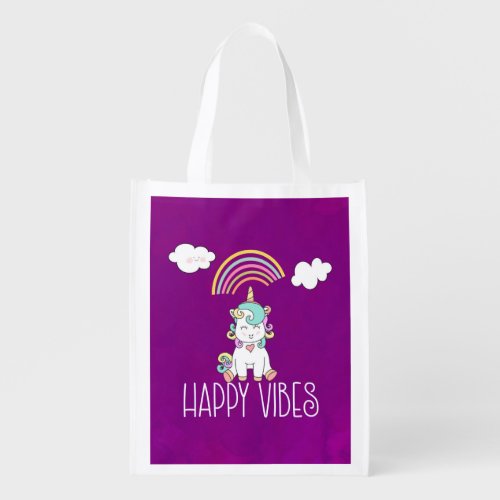 Happy Vibes Typography Cute Smiling Unicorn Reusable Grocery Bag