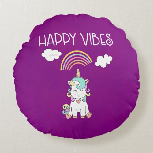 Happy Vibes Typography Cute Smiling Unicorn Round Pillow