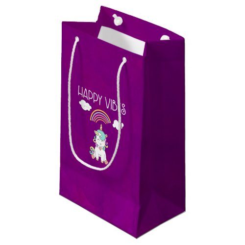 Happy Vibes Typography Cute Smiling Unicorn Small Gift Bag