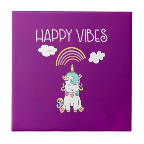 Happy Vibes Typography Cute Smiling Unicorn Tile