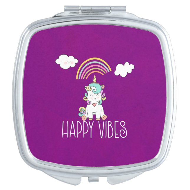 Happy Vibes Typography Cute Smiling Unicorn Vanity Mirror (Front)
