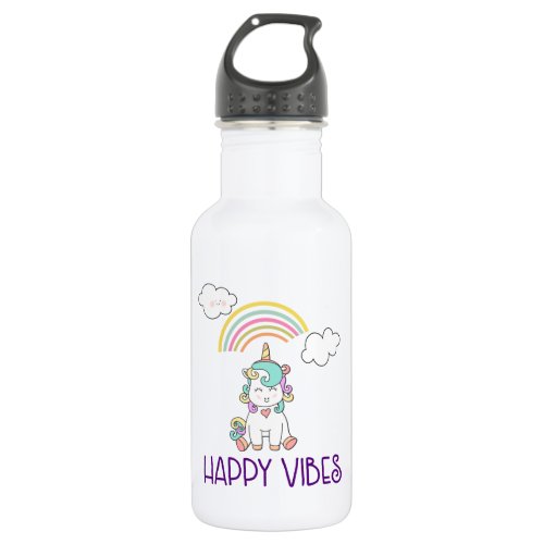 Happy Vibes Typography Cute Smiling Unicorn Water Bottle