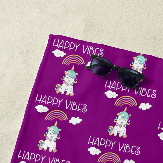 Happy Vibes Typography Rainbow & Unicorn Pattern Beach Towel (In Situ)