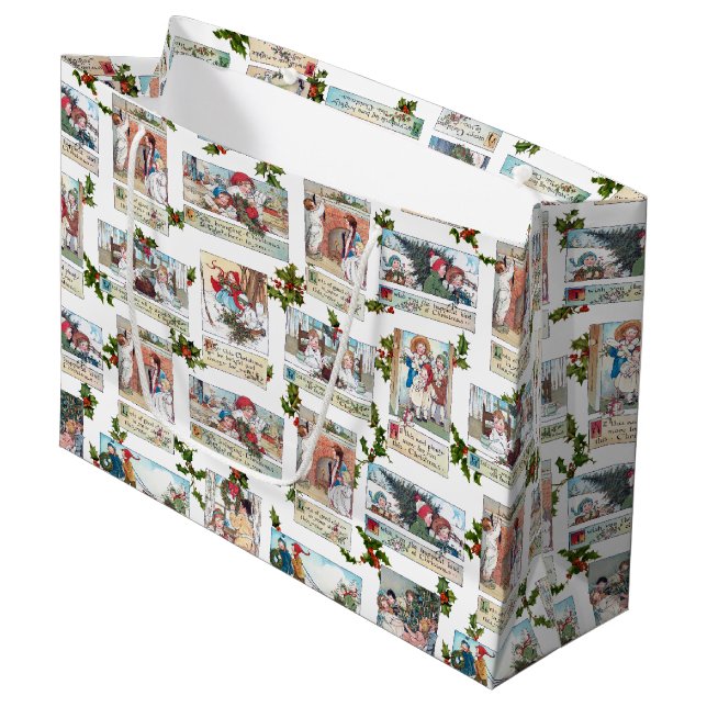 Happy Victorian Children with Christmas Greetings Large Gift Bag (Front Angled)
