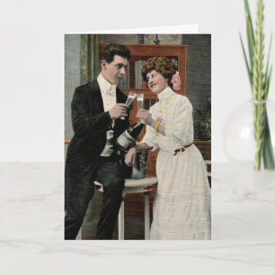 Happy Vintage Couple Clinking Glasses Anniversary Card