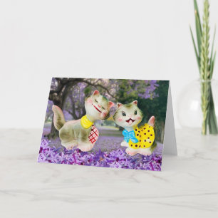 Happy Vintage Kitty Cats with Flowers Greeting Card