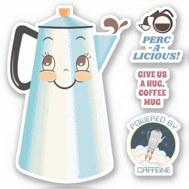 Happy vintage retro coffee pot percolator sticker (Front)