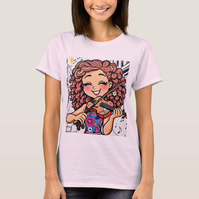 Happy Violin Girl Cartoon for Music Lovers T-Shirt (Front)