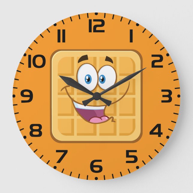 Happy Waffle Kawaii Smiling Breakfast Food Large Clock (Front)
