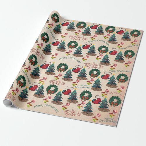 Happy Watercolor Christmas and New Year Wrapping Paper