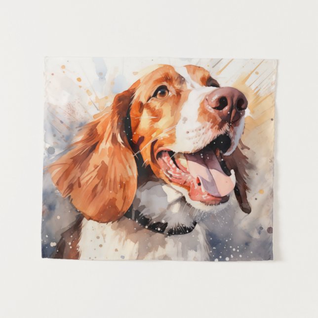 Happy Watercolor Dog Art Print Tapestry (Front (Horizontal))