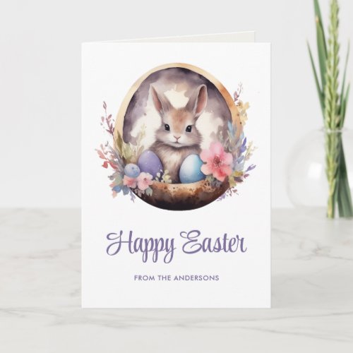 Happy Watercolor Easter Bunny Holiday Card