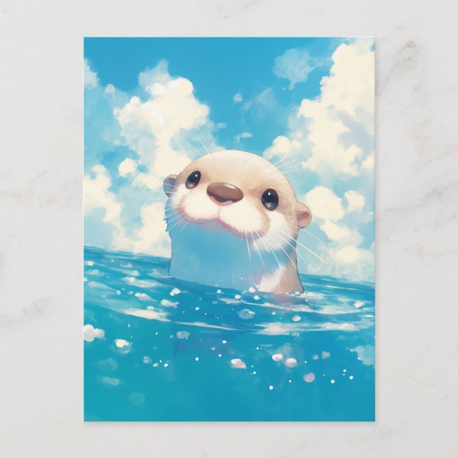 Happy Watercolor Otter Blue Sky Postcard (Front)