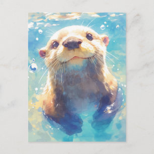 Happy Watercolor Otter Swimming Postcard