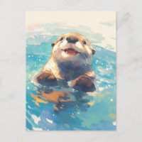Happy Watercolor Otter Swimming