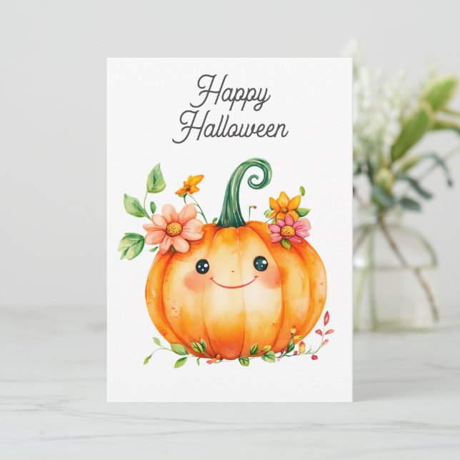 Happy Watercolor Pumpkin in Flowers for Halloween (Standing Front)