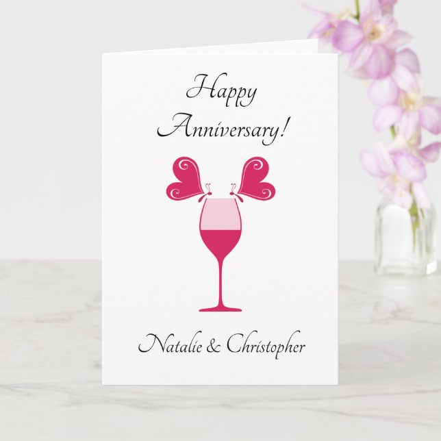 Happy Wedding Anniversary Butterflies Wine Glass  Card (Orchid)