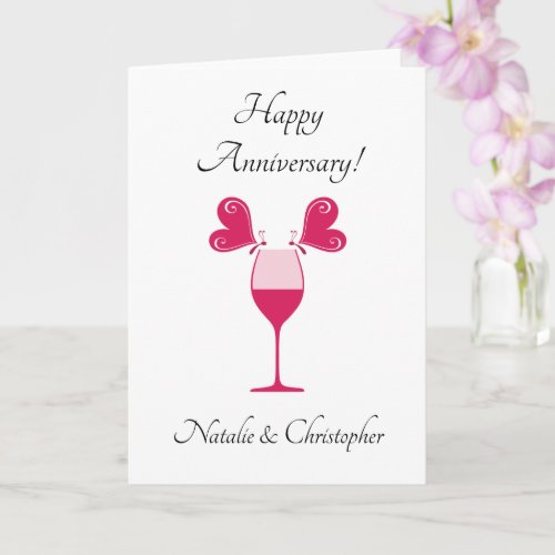 Happy Wedding Anniversary Butterflies Wine Glass  Card