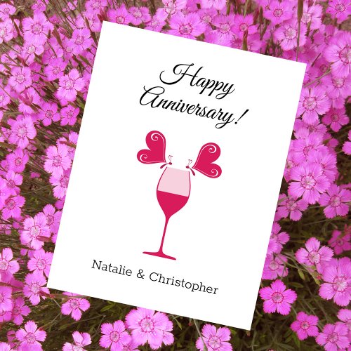 Happy Wedding Anniversary Butterflies Wine Glass Postcard