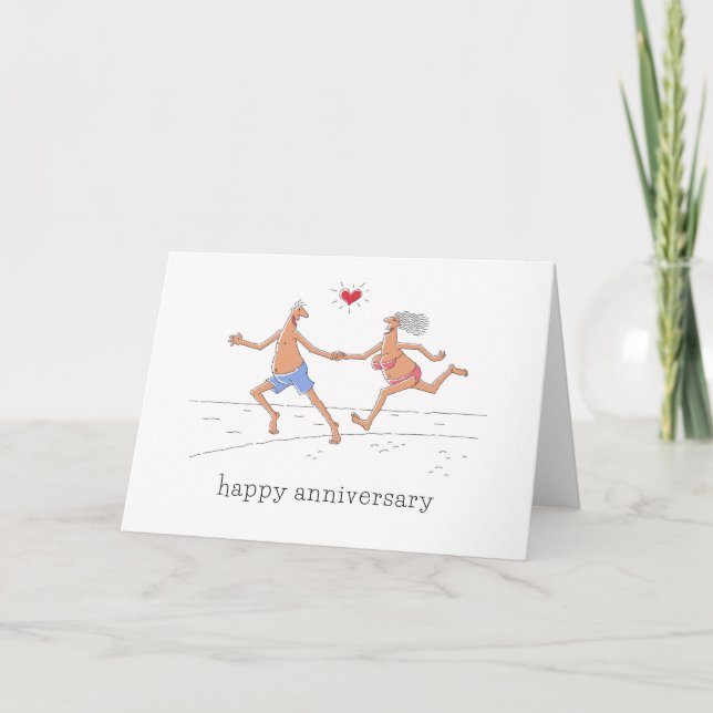 Happy Wedding Anniversary Couple Beach Red Heart Card (Front)