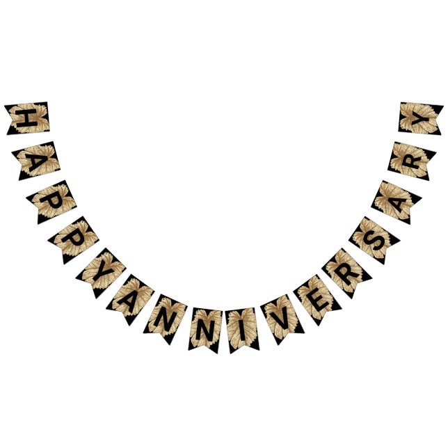 Happy Wedding Anniversary Faux Gold Leaf Black Bunting Flags (All)