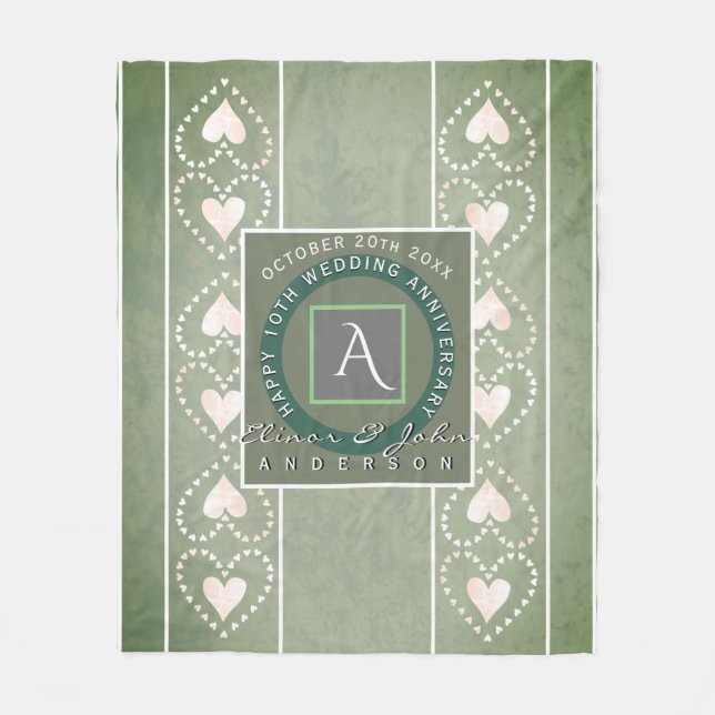 "Happy Wedding Anniversary"Grey  Monogram w/Hearts Fleece Blanket (Front)