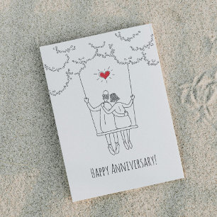 Happy Wedding Anniversary Red Heart Swing Couple Postcard
