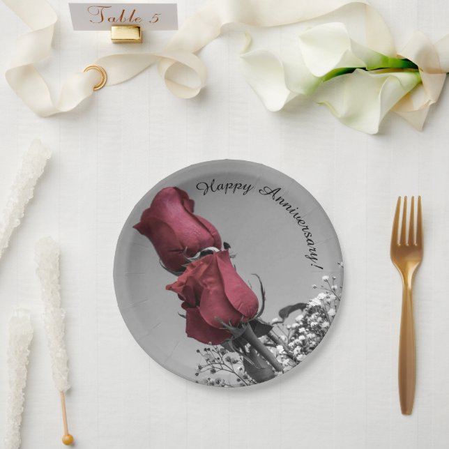 Happy Wedding Anniversary | Red Roses Photograph Paper Plates (Wedding)